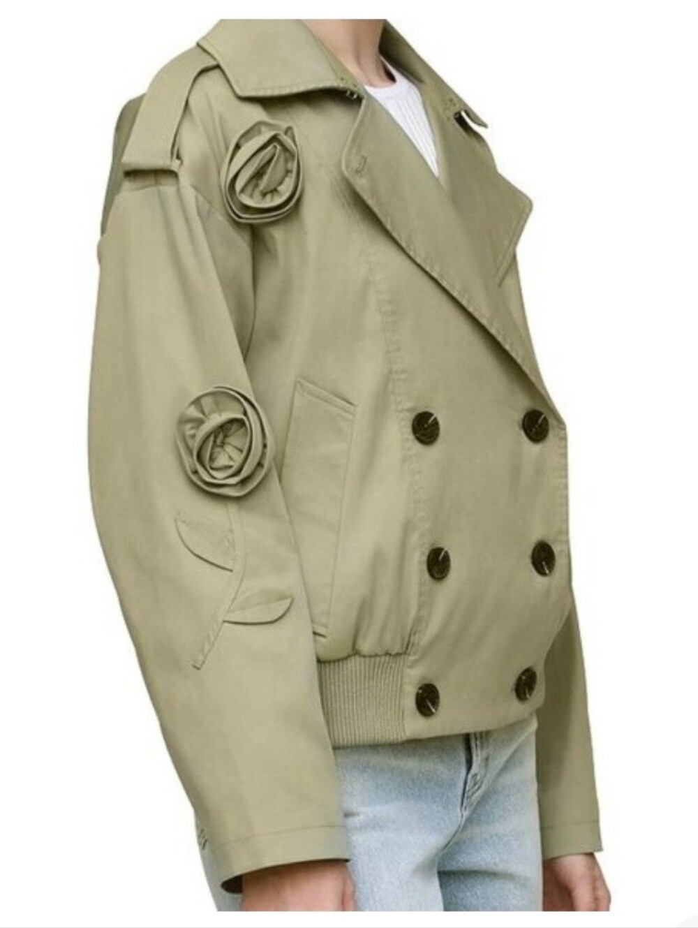AVEC LES FILLES PLUS SIZE DOUBLE BREASTED TRENCH BOMBER JACKET In ARTICHOKE